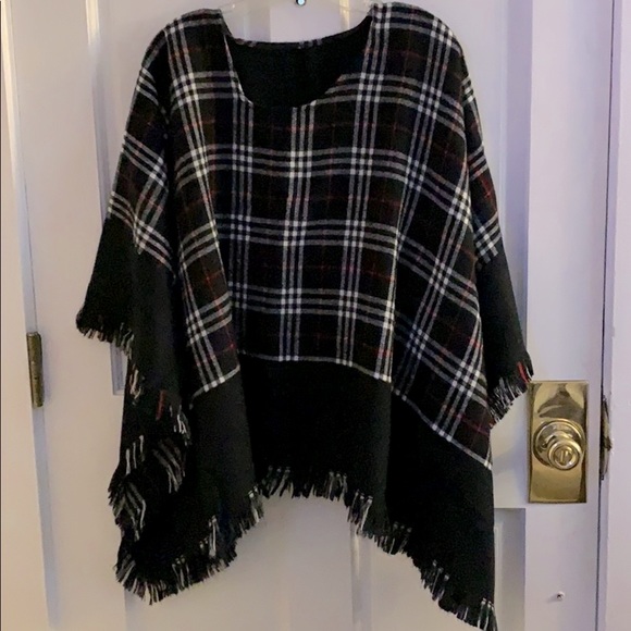 Boutique Sweaters - BLACK/RED PLAID PONCHO
